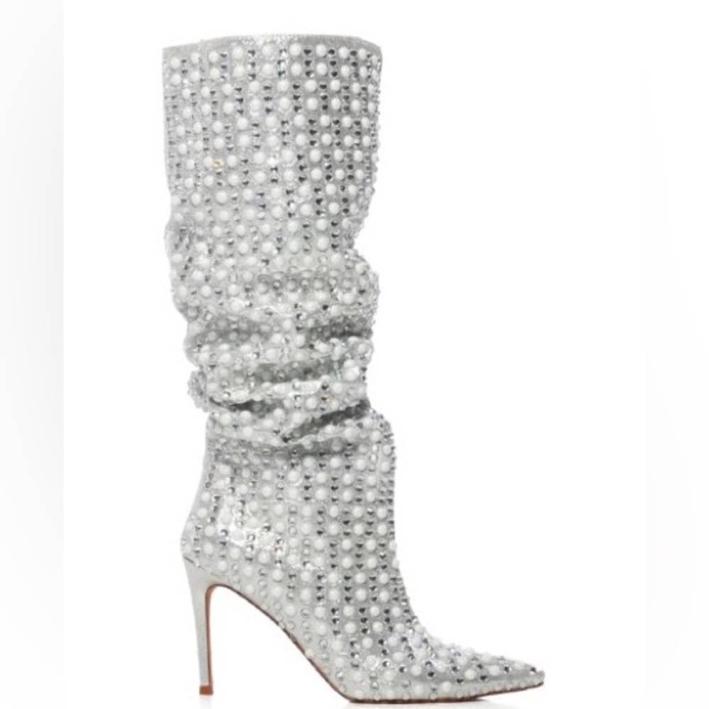 Azalea Wang Silver Pearl Rhinestone Embellished Knee High Boots - Picture 4 of 7